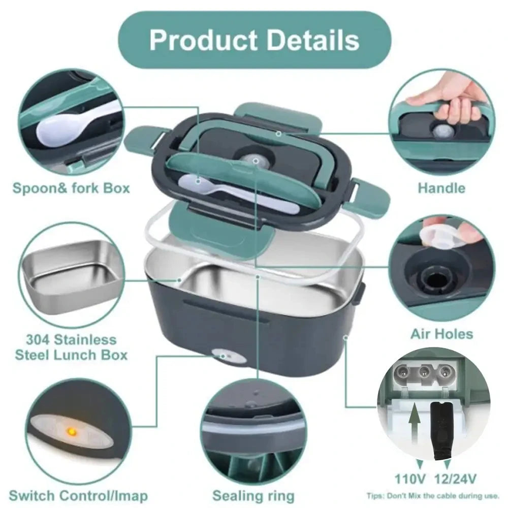 Electric Lunch Box: 12V/24V/110V Portable Food Warmer with 1.5L Leakproof Stainless Container & Insulated Bag for Car/Home