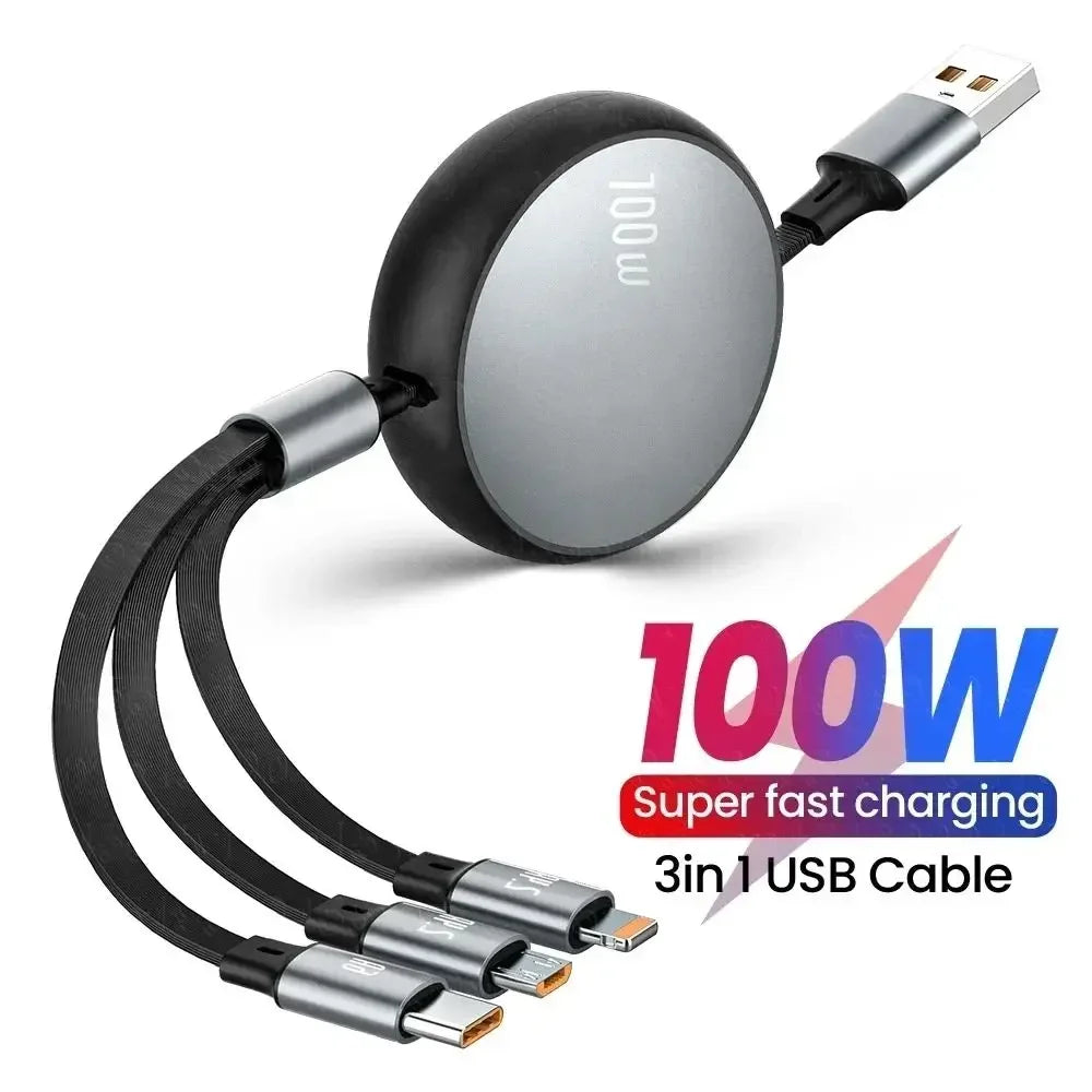 3in1 Retractable 6A 100W USB Cable for iPhone 14 13 12- USB To 8 pin/Type C/Micro Fast Charge Cable for Huawei Data Cable