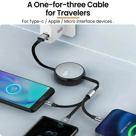 3in1 Retractable 6A 100W USB Cable for iPhone 14 13 12- USB To 8 pin/Type C/Micro Fast Charge Cable for Huawei Data Cable