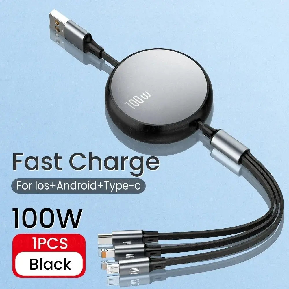 3in1 Retractable 6A 100W USB Cable for iPhone 14 13 12- USB To 8 pin/Type C/Micro Fast Charge Cable for Huawei Data Cable