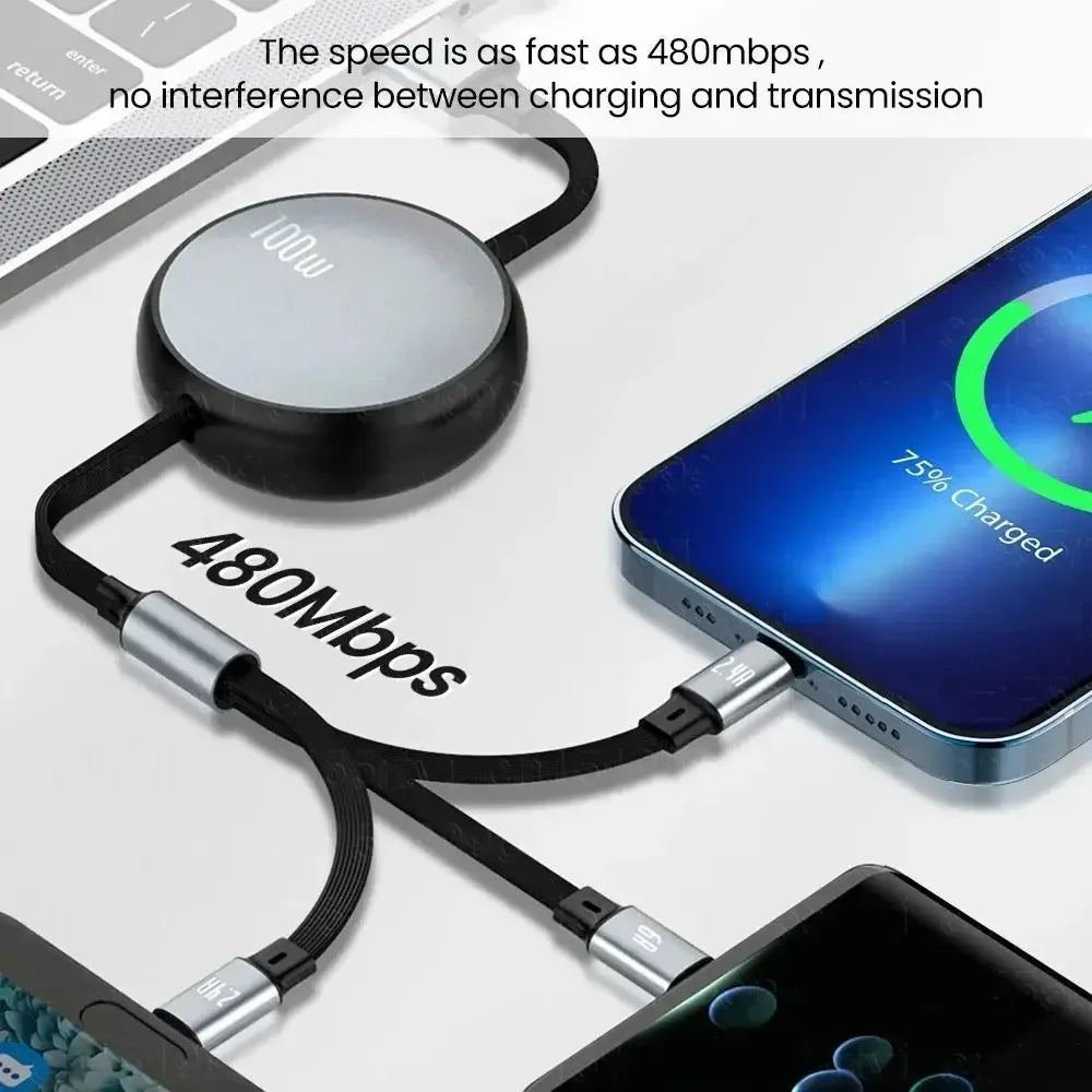 3in1 Retractable 6A 100W USB Cable for iPhone 14 13 12- USB To 8 pin/Type C/Micro Fast Charge Cable for Huawei Data Cable